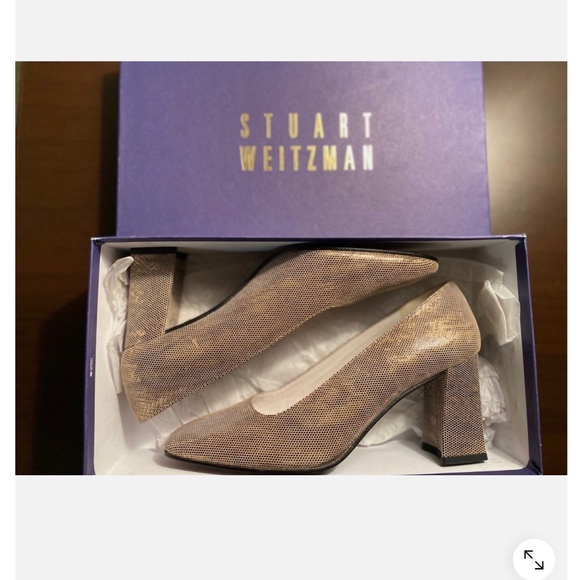 Stuart Weitzman Gold Marymid Snake Metallic Block Heel Square sz 7B Retail $350 - Picture 2 of 9